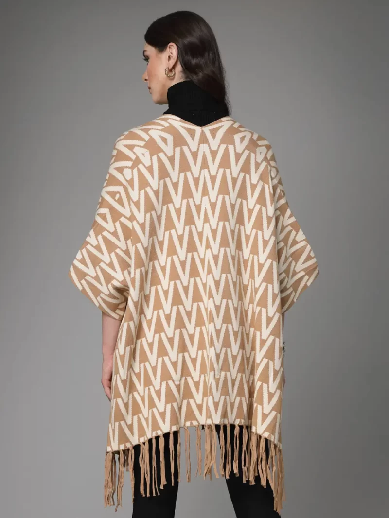 Geometric Printed Lapel Collar Longline Poncho