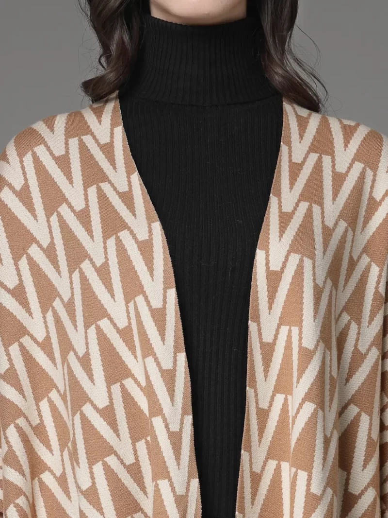 Geometric Printed Lapel Collar Longline Poncho