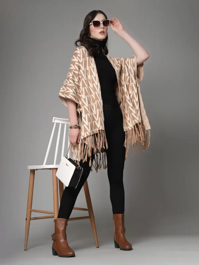 Geometric Printed Lapel Collar Longline Poncho