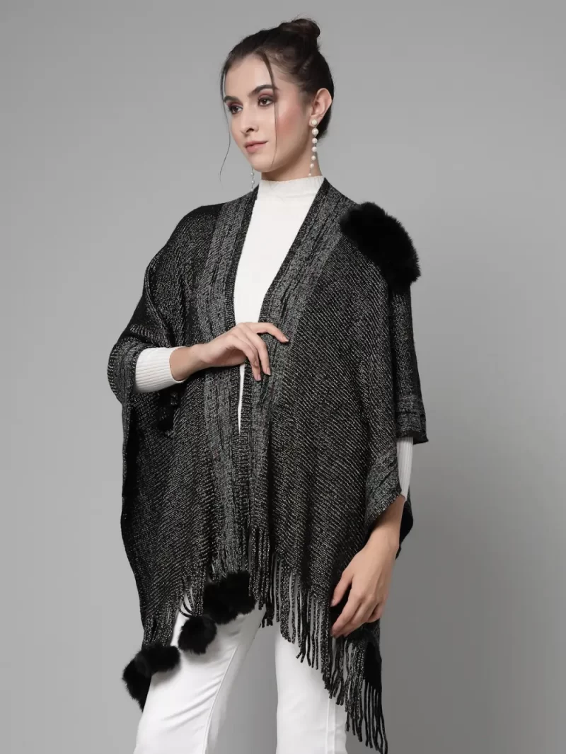 V-Neck Poncho With Fringed Detail