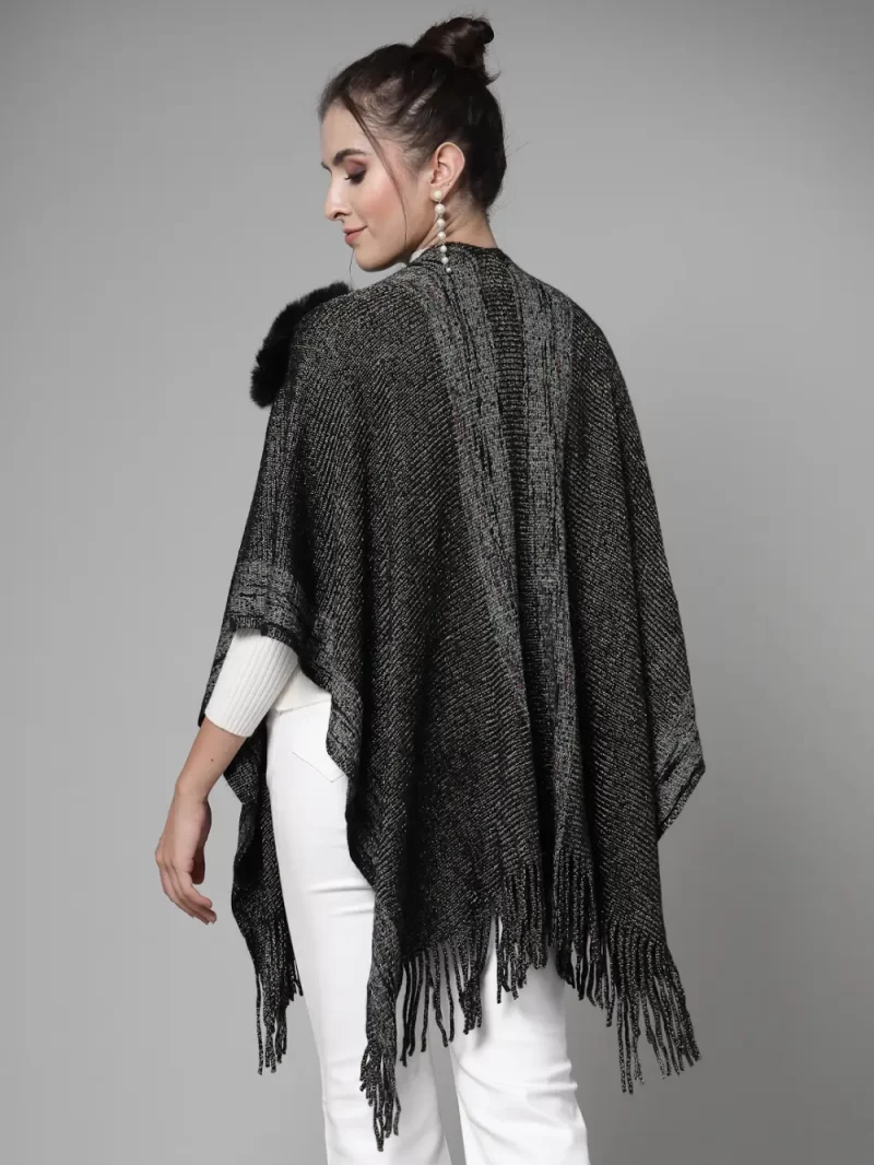 V-Neck Poncho With Fringed Detail