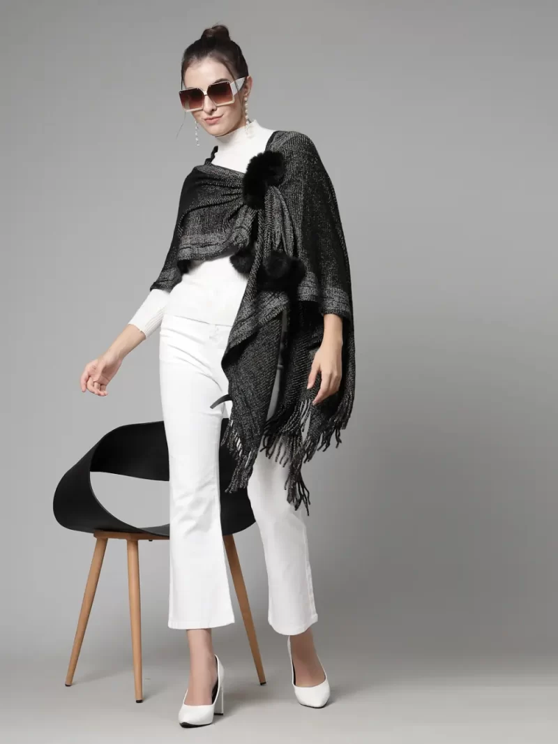 V-Neck Poncho With Fringed Detail