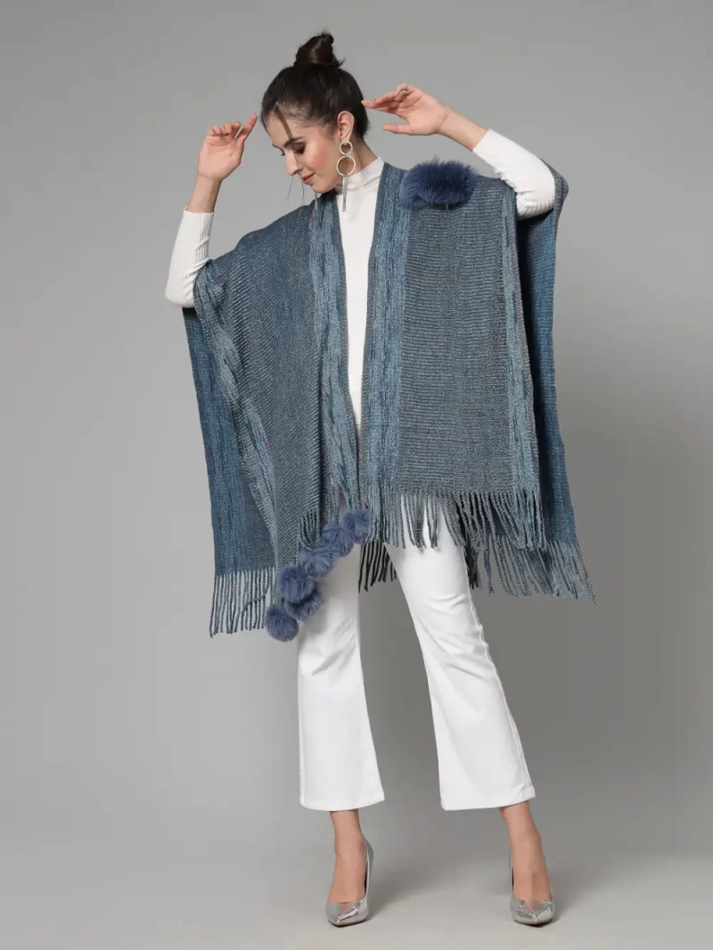 V-Neck Poncho With Fringed Detail