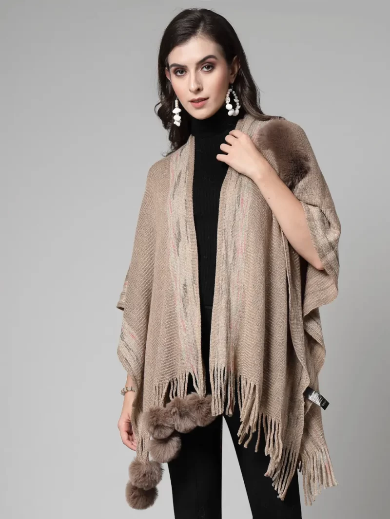 V-Neck Poncho With Fringed Detail