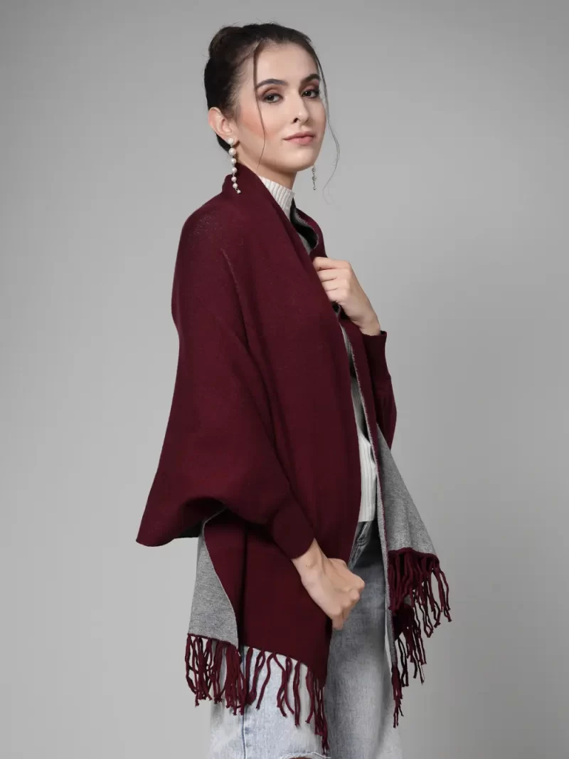 Women Longline Poncho With Fringed Detail