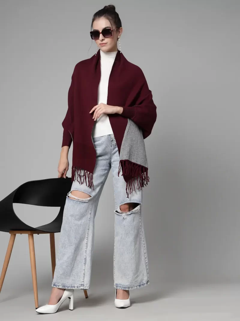 Women Longline Poncho With Fringed Detail