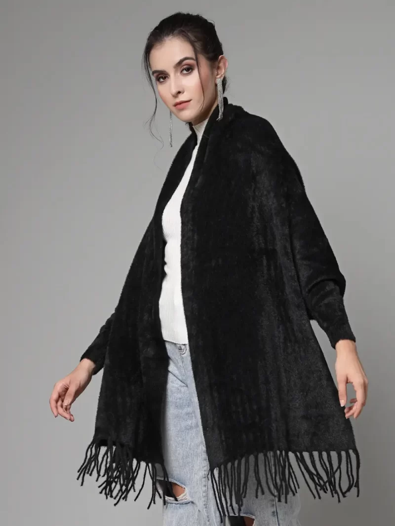 Women Solid Longline Poncho With Fringed Detail