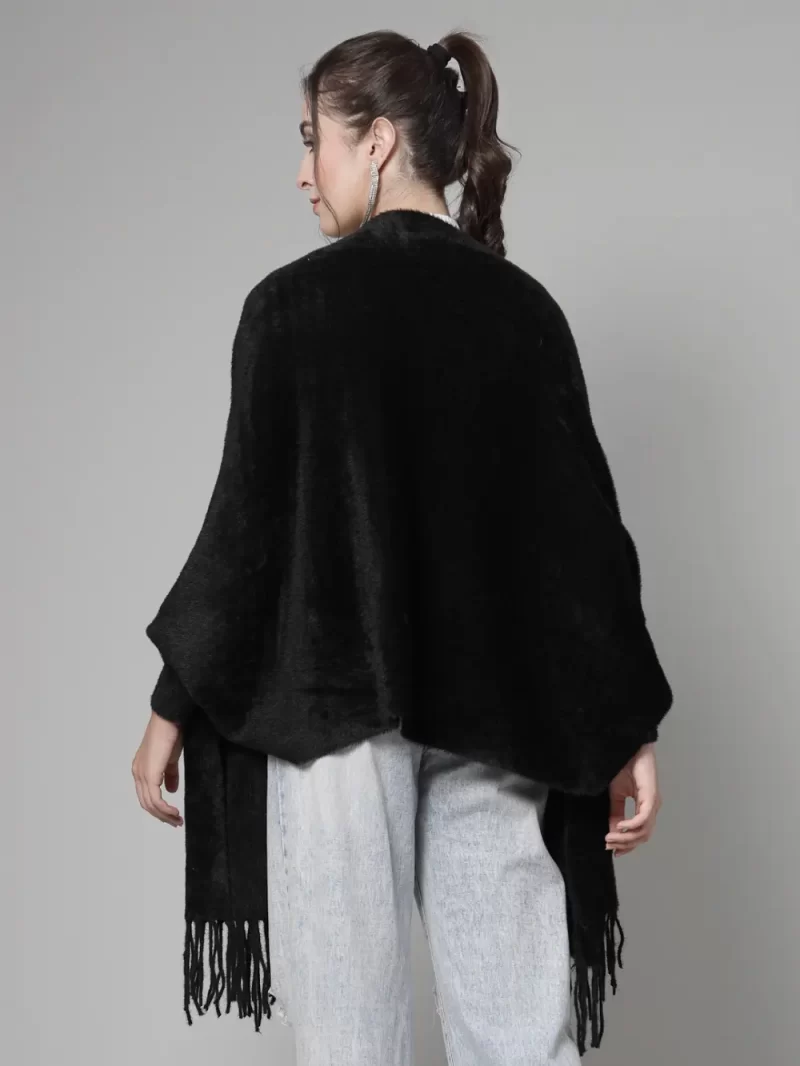 Women Solid Longline Poncho With Fringed Detail