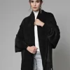Women Solid Longline Poncho With Fringed Detail