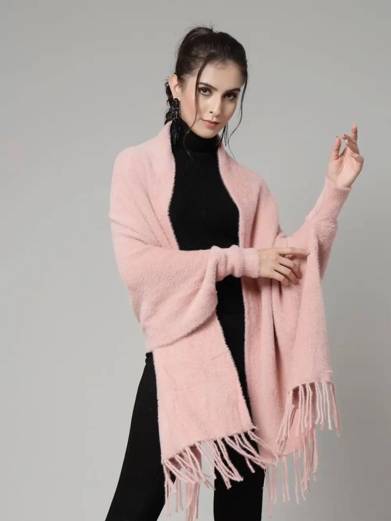 Women Solid Longline Poncho With Fringed Detail