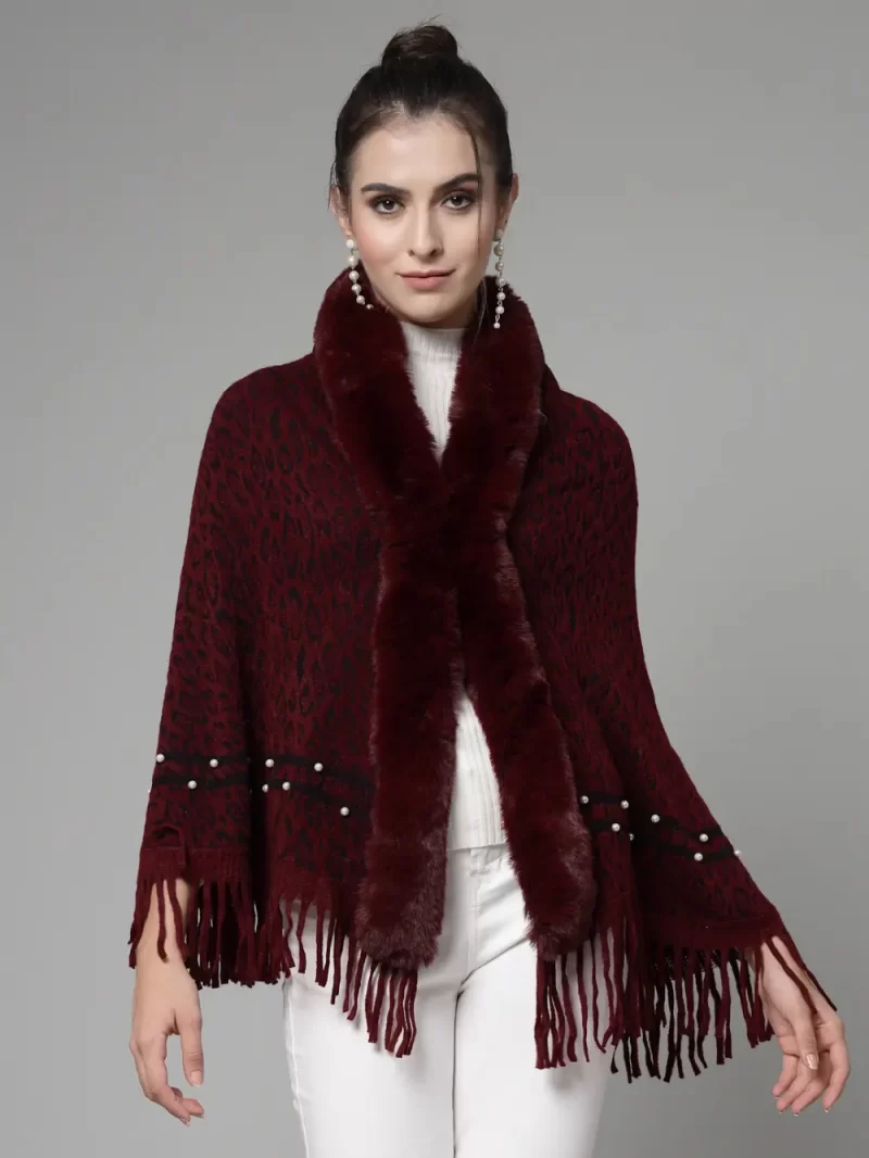 Women Printed Longline Poncho With Fringed Detail