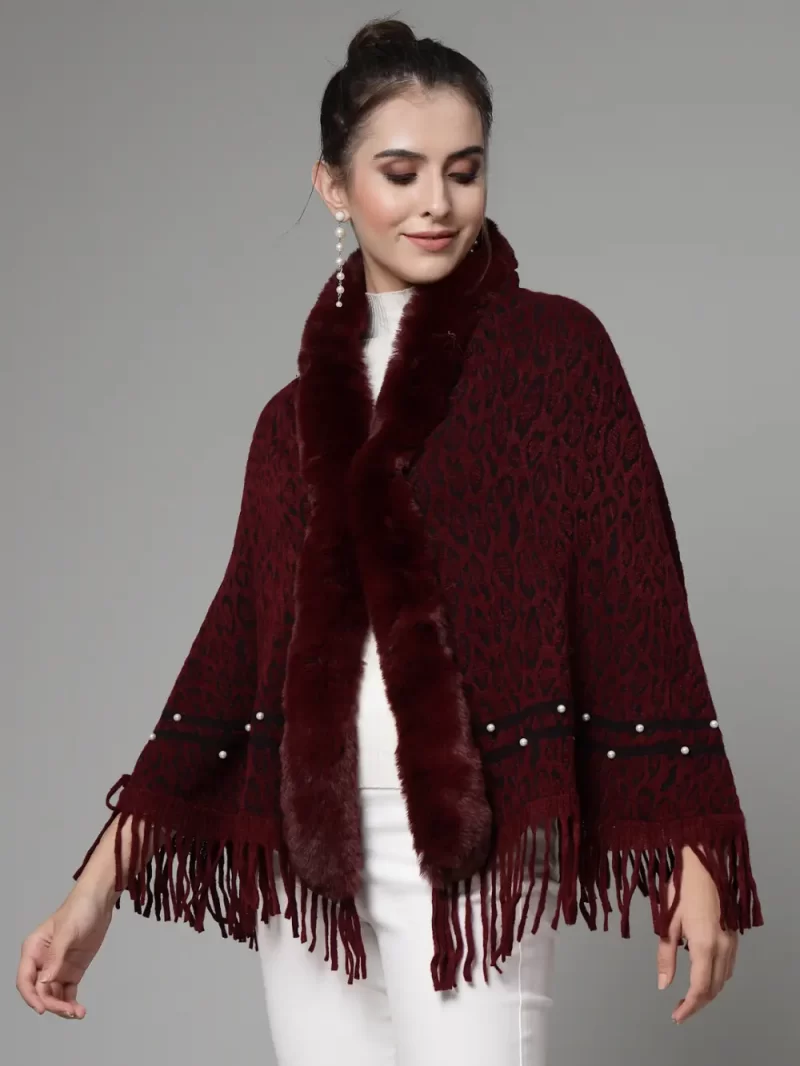 Women Printed Longline Poncho With Fringed Detail
