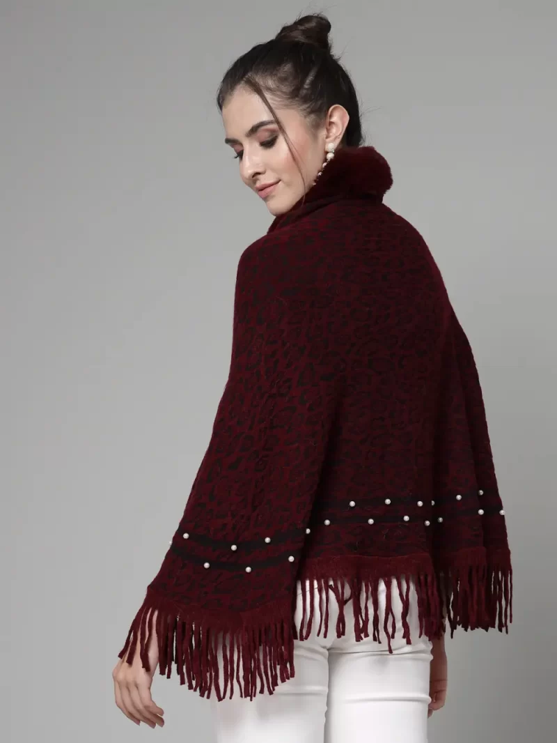 Women Printed Longline Poncho With Fringed Detail