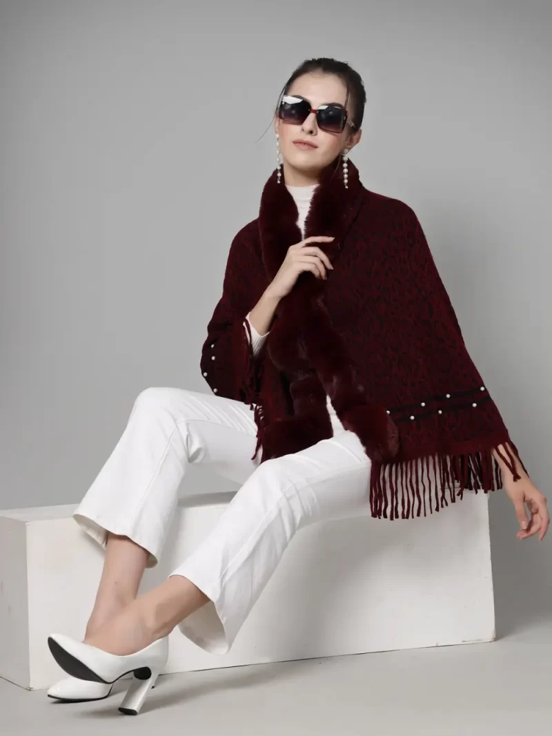 Women Printed Longline Poncho With Fringed Detail