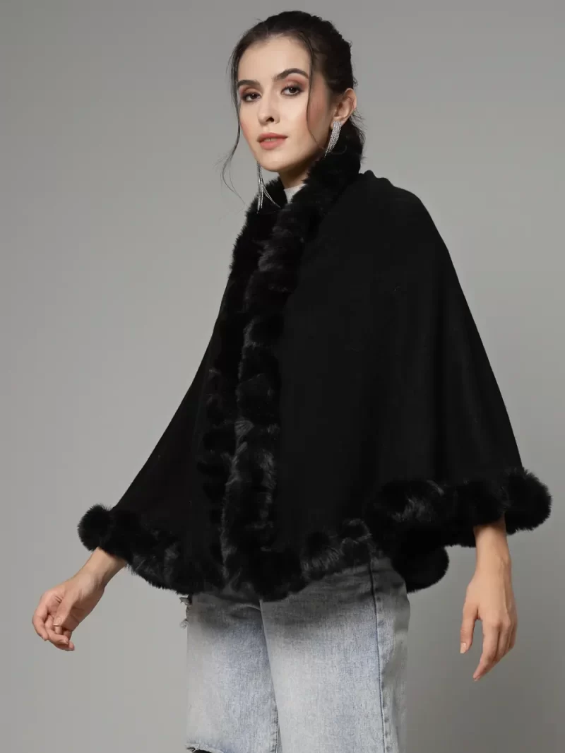 Long Sleeves Poncho With Fuzzy Detail