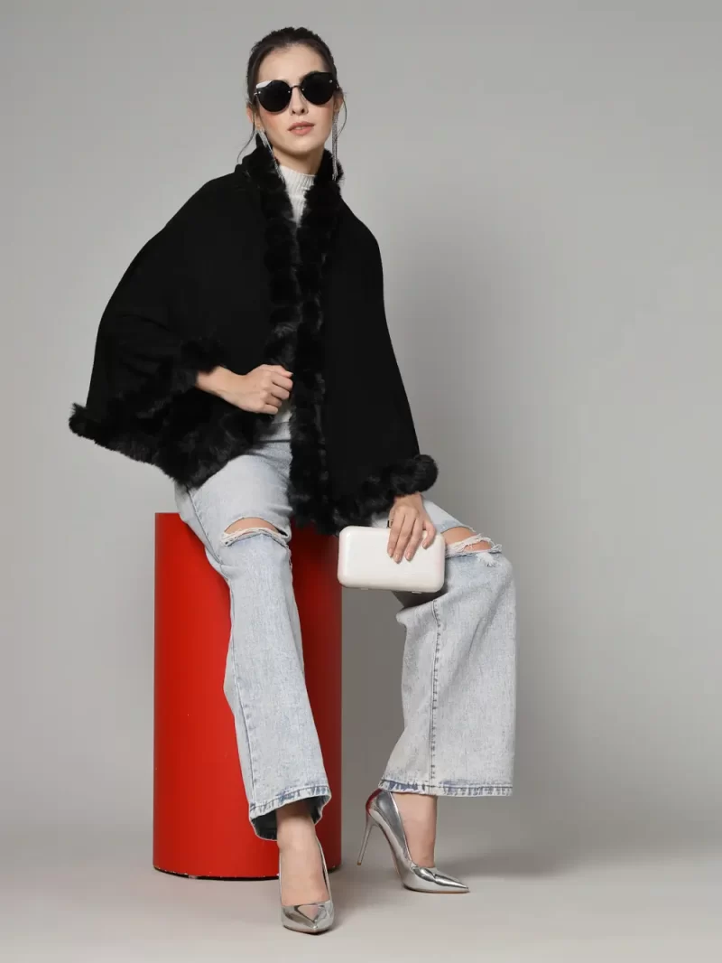 Long Sleeves Poncho With Fuzzy Detail