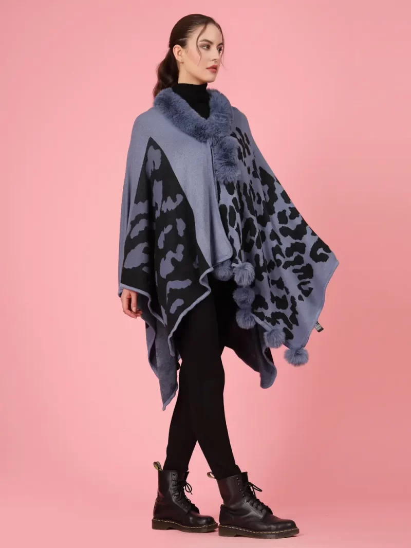 Geometric Printed V-Neck Long Sleeves Longline Poncho Sweater