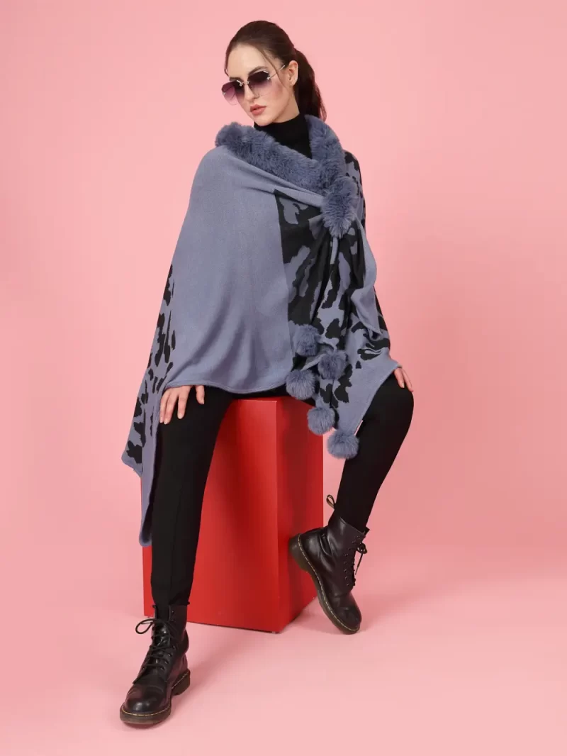 Geometric Printed V-Neck Long Sleeves Longline Poncho Sweater