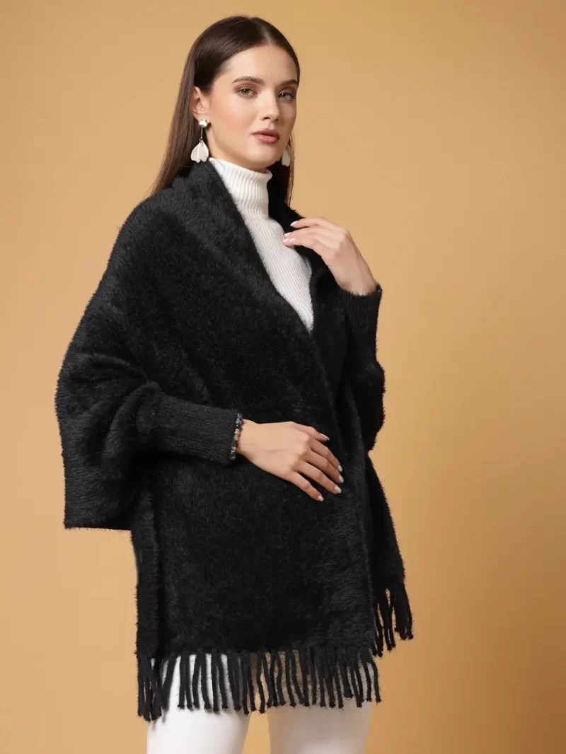 Women Longline Poncho With Fringed Detail