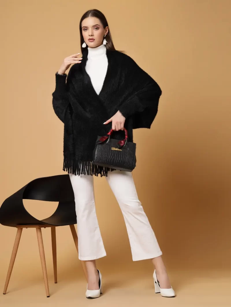 Women Longline Poncho With Fringed Detail