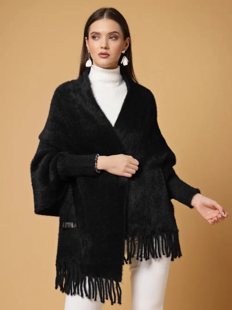 Women Longline Poncho With Fringed Detail
