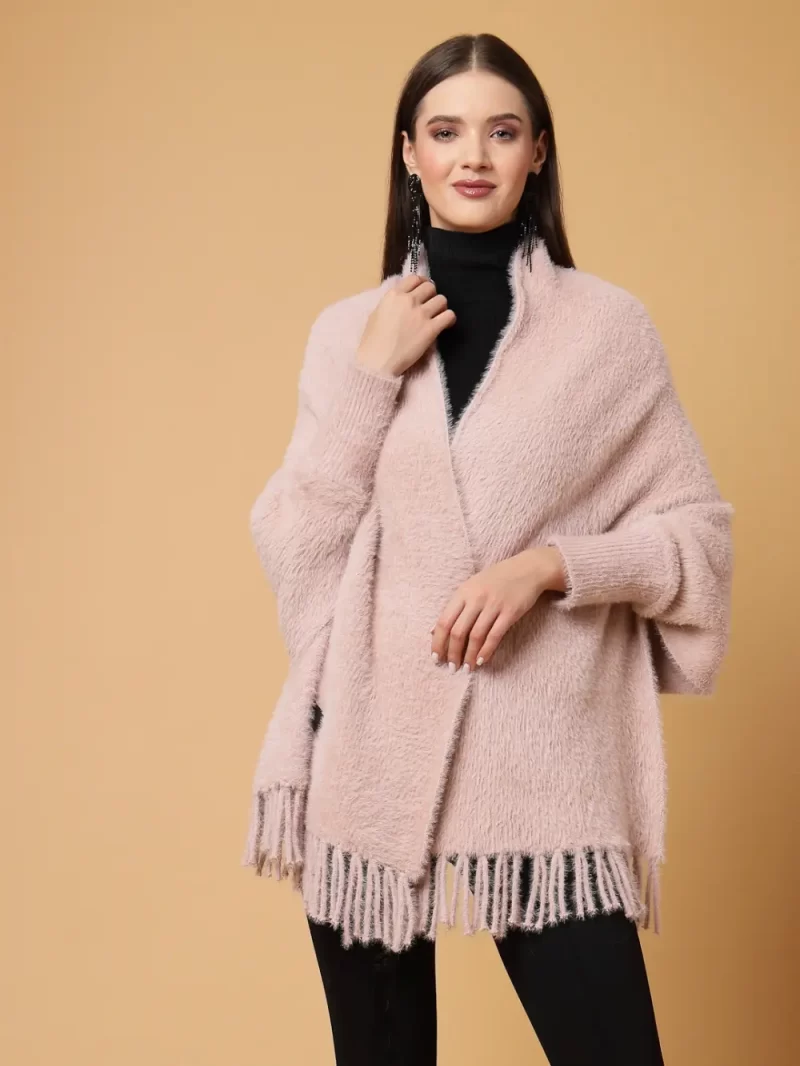 Women Longline Poncho With Fringed Detail