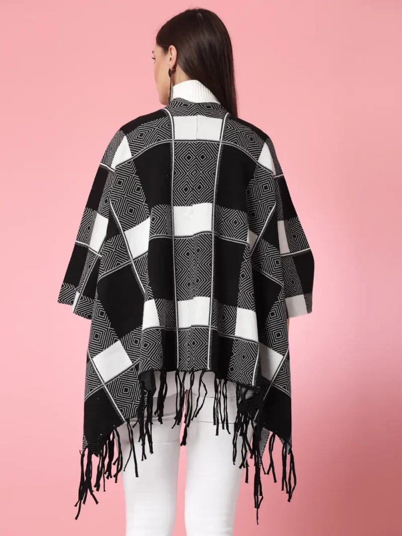 Women Printed Longline Poncho With Fringed Detail