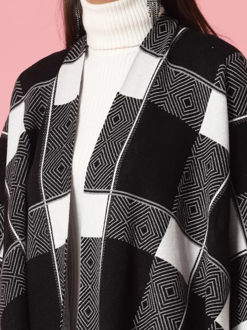 Women Printed Longline Poncho With Fringed Detail