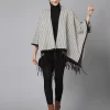 Women Printed Longline Poncho With Fringed Detail