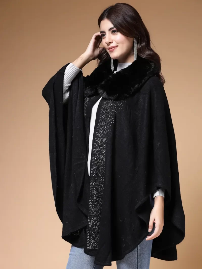 Shirt Collar Embellished Longline Poncho