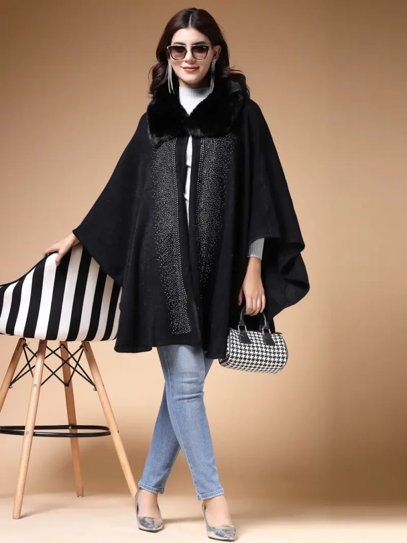 Shirt Collar Embellished Longline Poncho