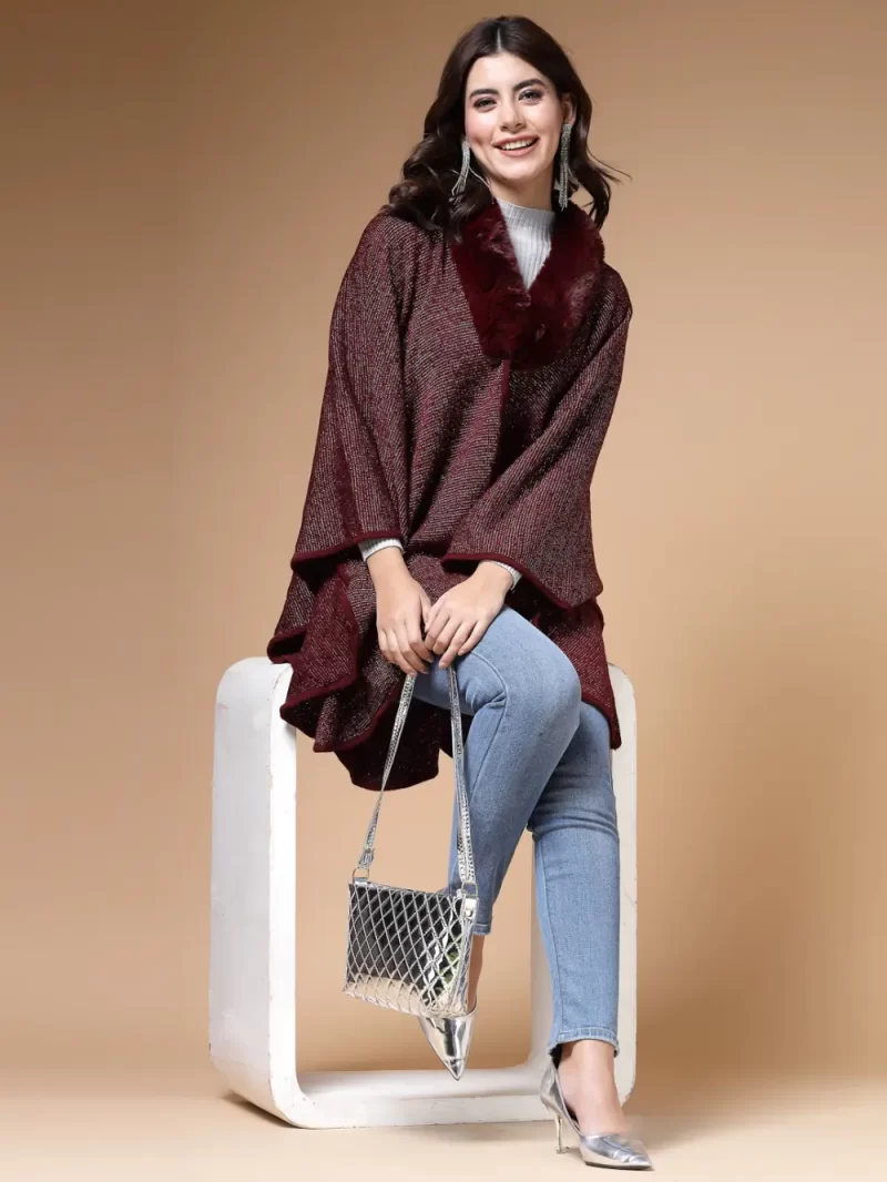Longline Poncho With Faux Fur Detail
