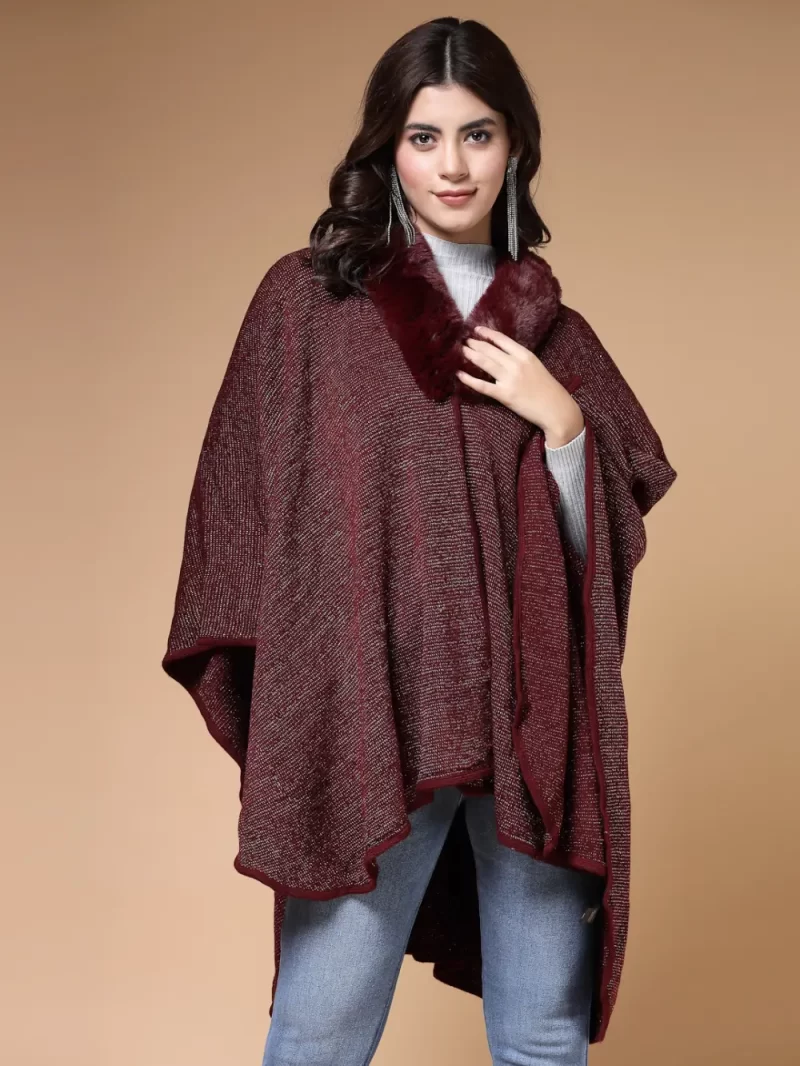 Longline Poncho With Faux Fur Detail