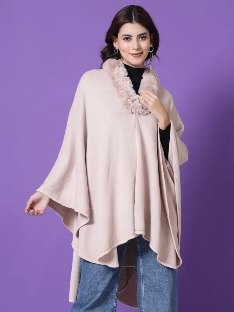 Longline Poncho With Faux Fur Detail