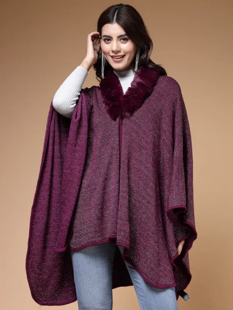 Longline Poncho With Faux Fur Detail