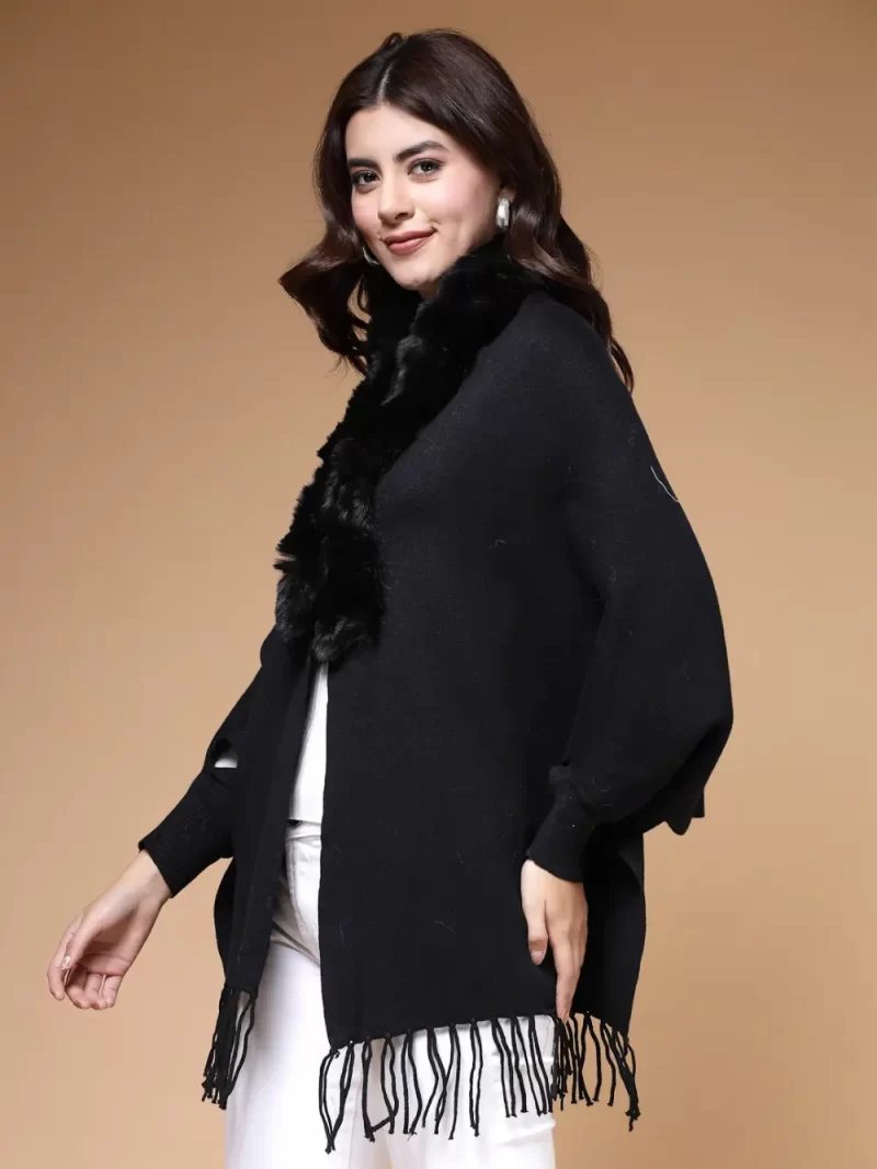 Fur Detail Fringed V-Neck Longline Poncho