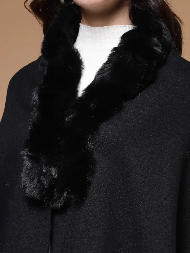 Fur Detail Fringed V-Neck Longline Poncho