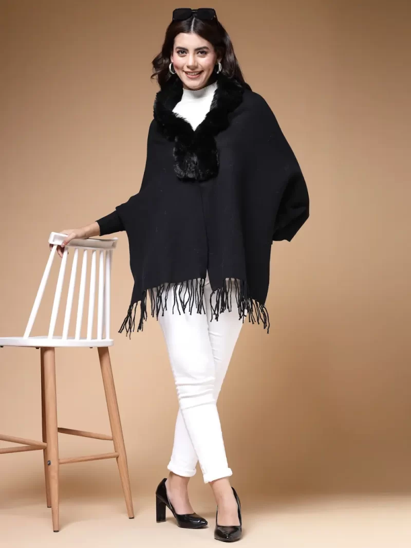 Fur Detail Fringed V-Neck Longline Poncho