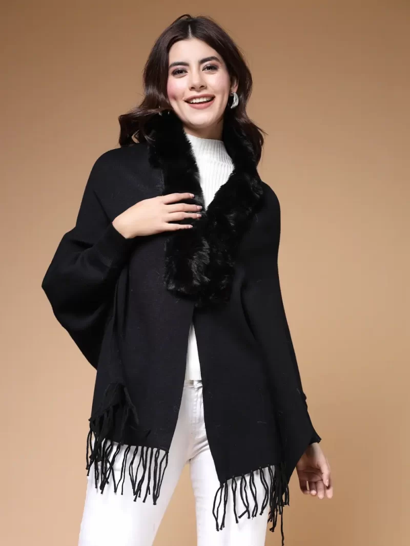 Fur Detail Fringed V-Neck Longline Poncho