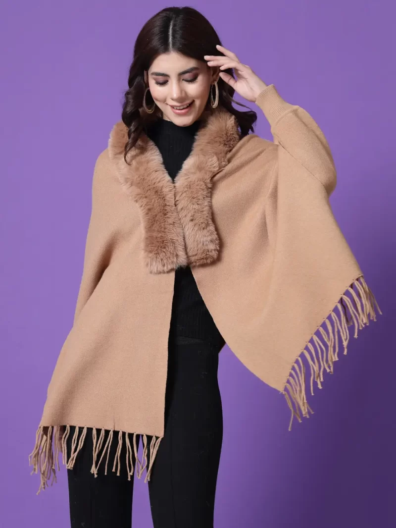Fur Detail Fringed V-Neck Longline Poncho