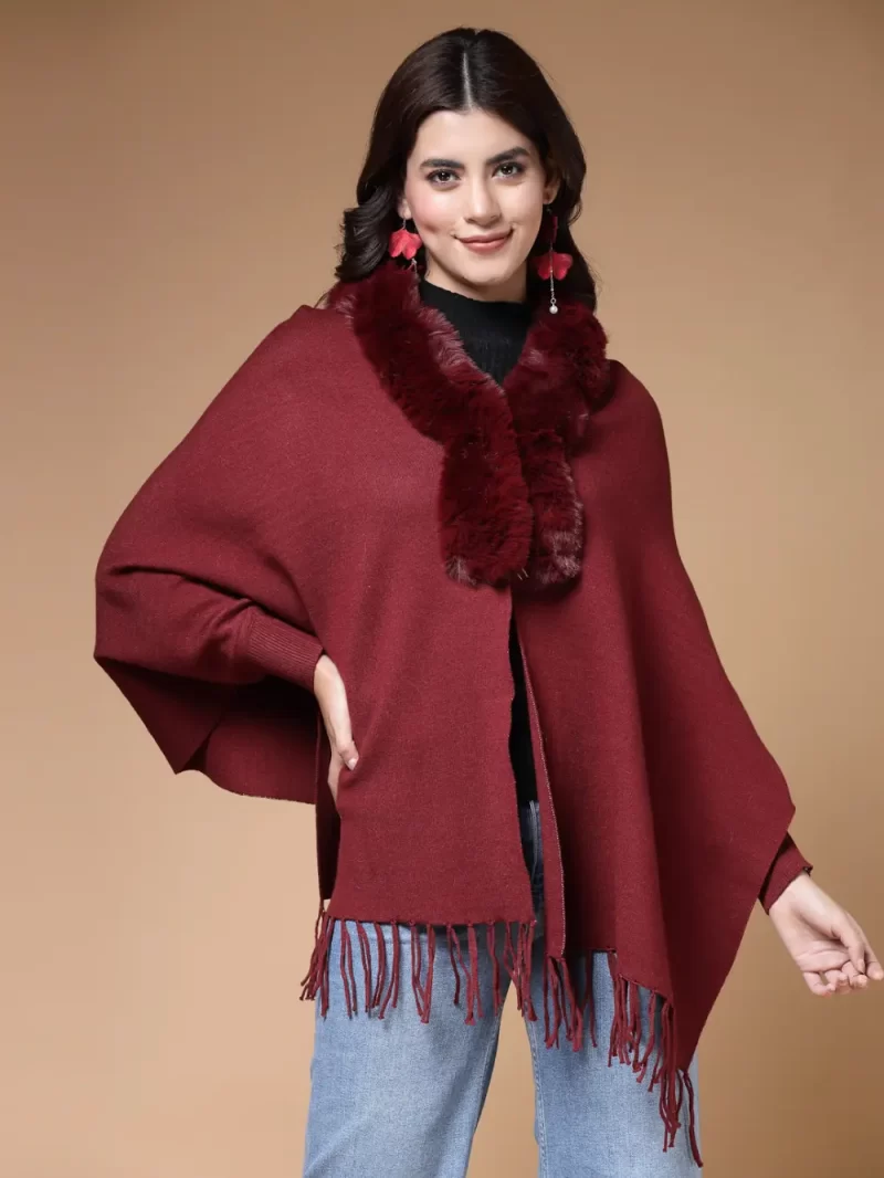 Fur Detail Fringed V-Neck Longline Poncho