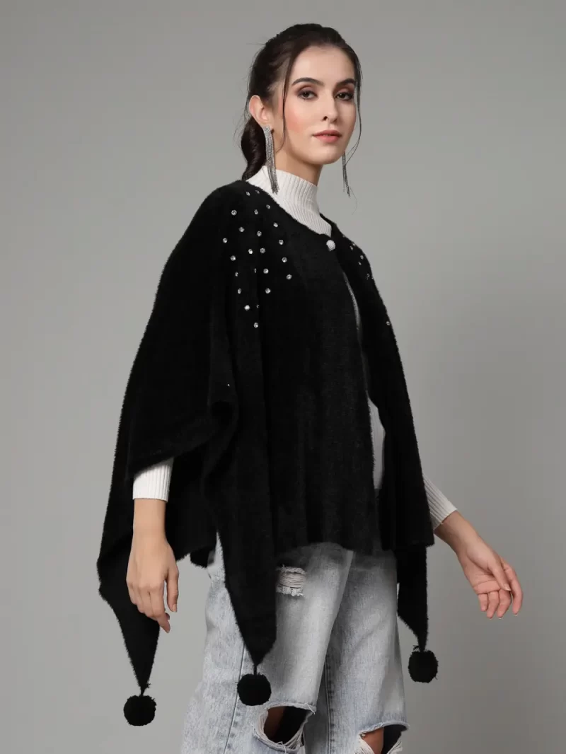 Round Neck Embellished Poncho Sweater
