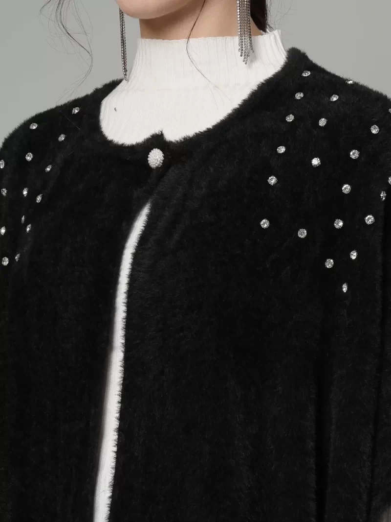 Round Neck Embellished Poncho Sweater