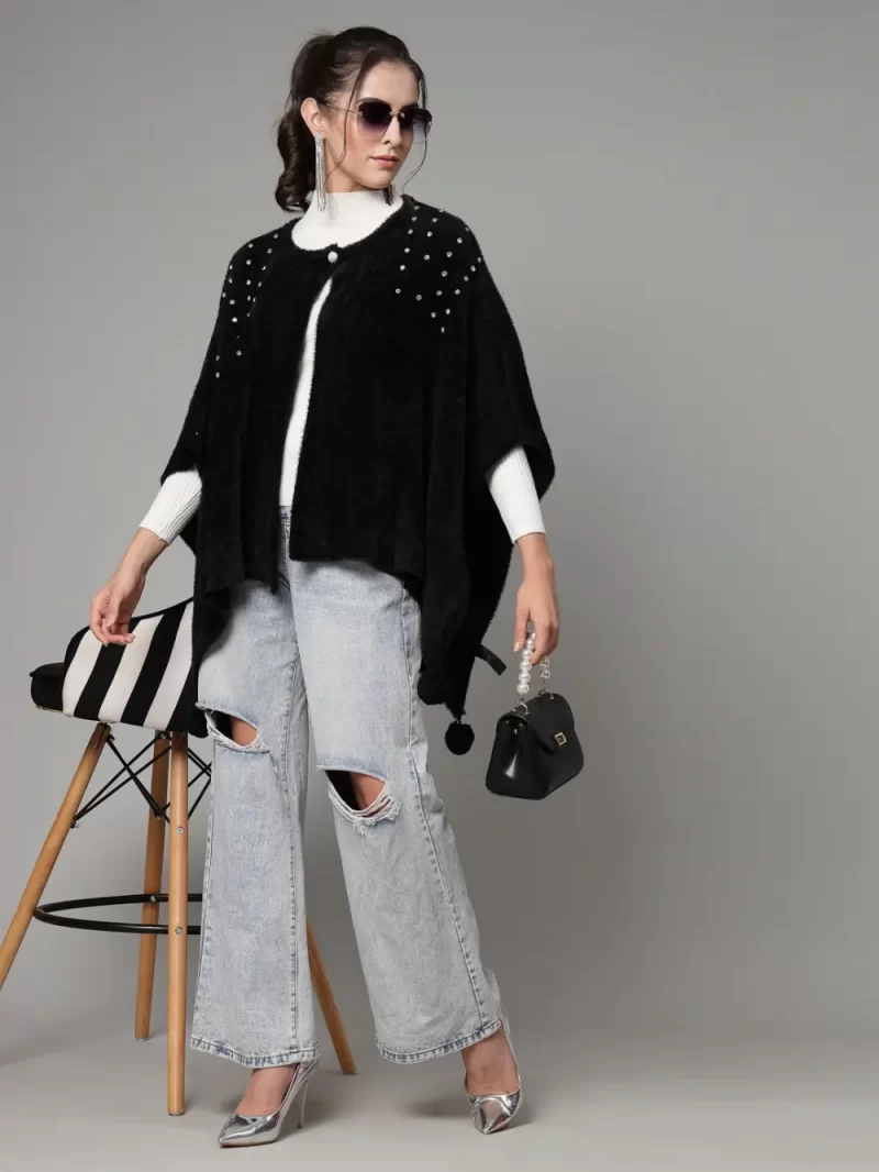 Round Neck Embellished Poncho Sweater