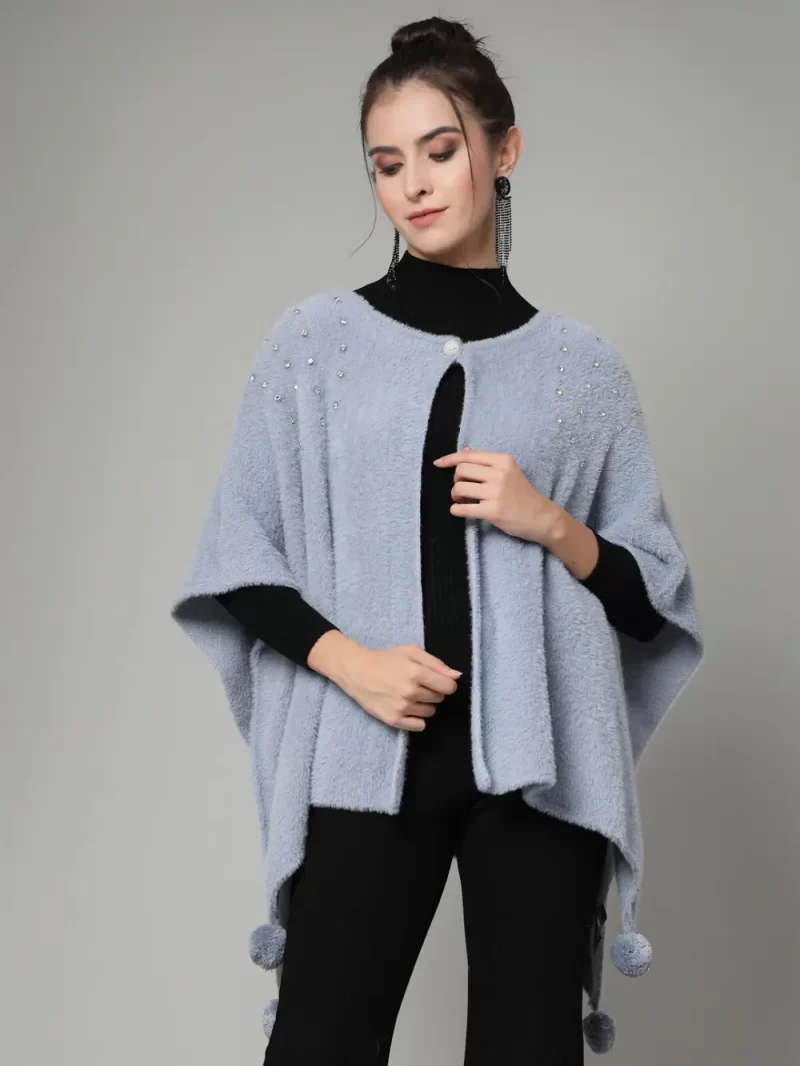 Round Neck Embellished Poncho Sweater