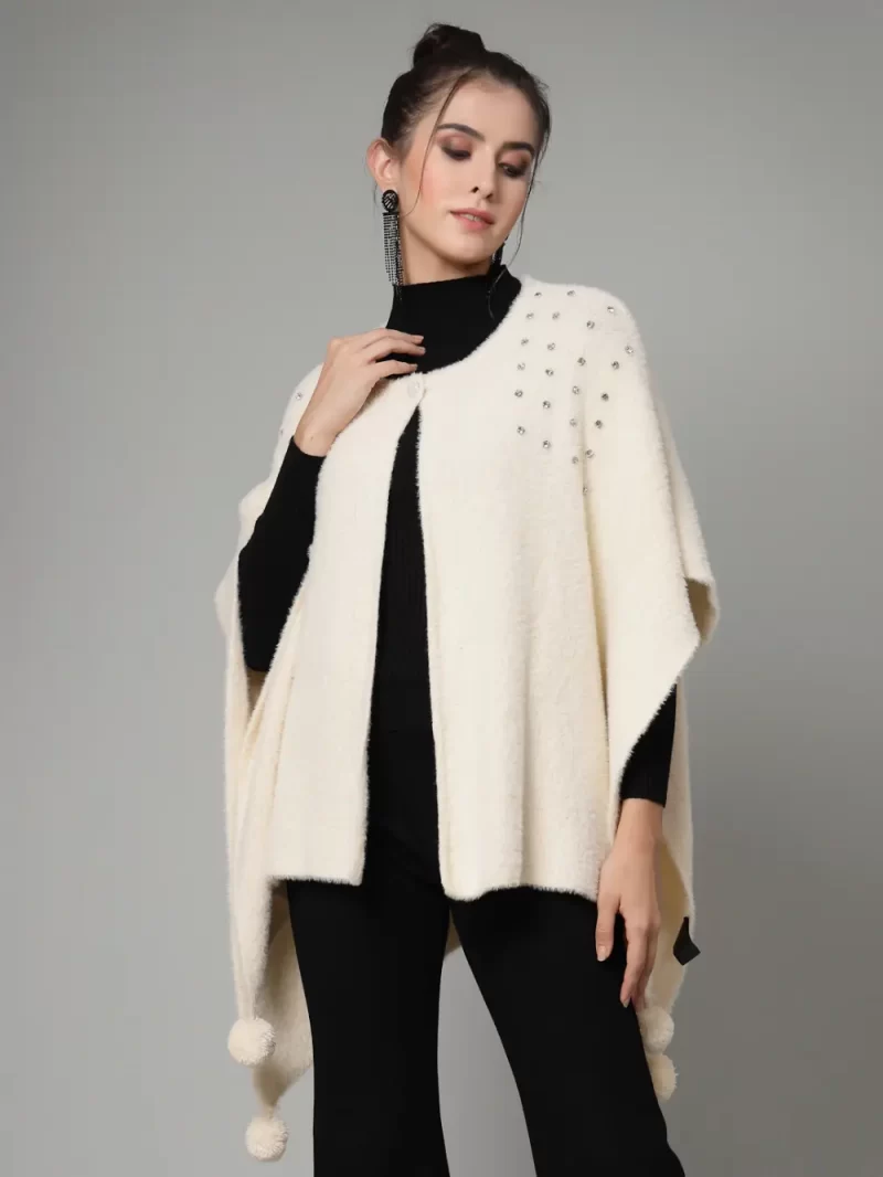 Round Neck Embellished Poncho Sweater