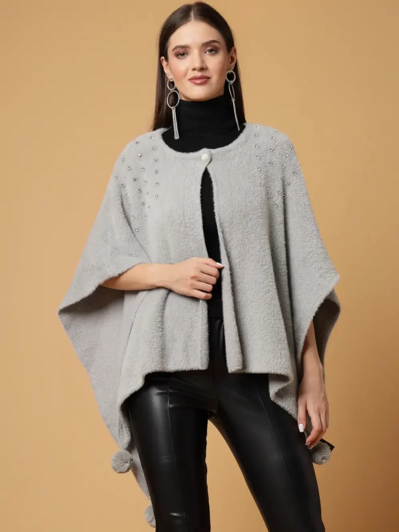 Round Neck Embellished Poncho Sweater