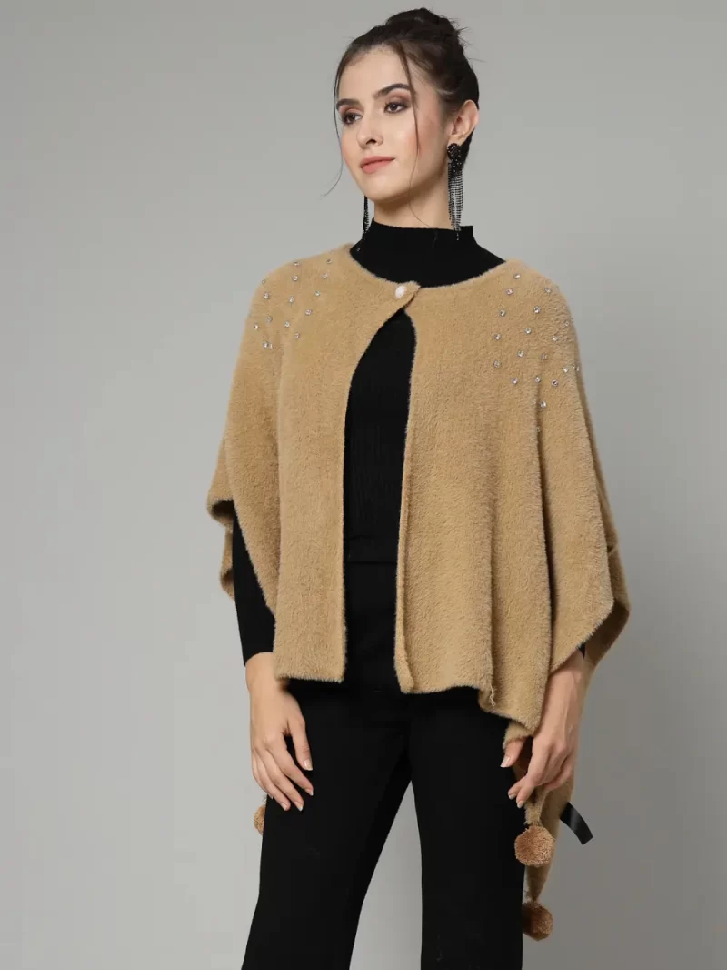 Round Neck Embellished Poncho Sweater