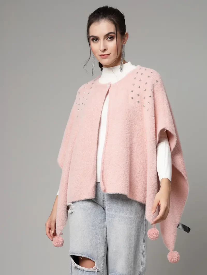 Round Neck Embellished Poncho Sweater