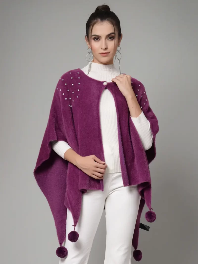 Round Neck Embellished Poncho Sweater